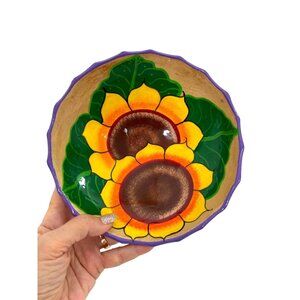 Sunflowers Pottery Hanging  Bowl Glazed 3-Footed 7.24” x 2.5” Vintage Handmade